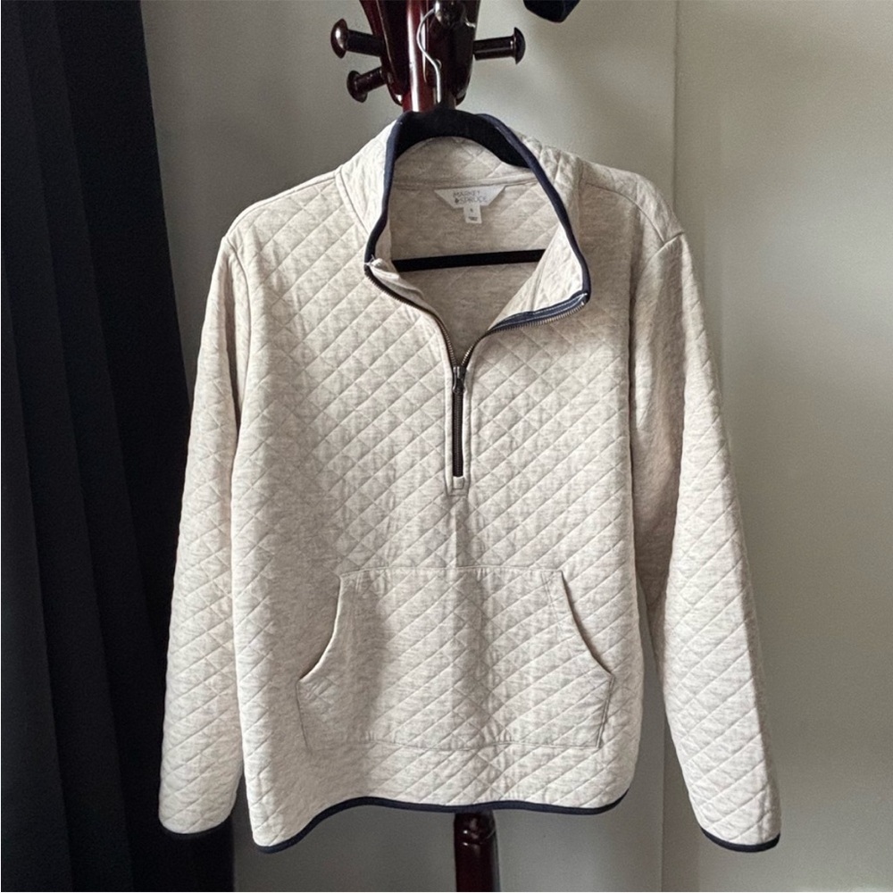 Market & Spruce Cream Quilted Half-Zip Pullover with Navy Trim